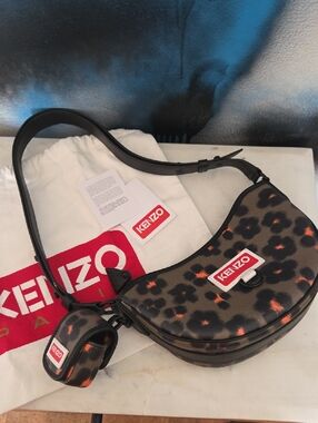 Kenzo Leopard-Print Crescent Handbag in Brown, Black & Orange